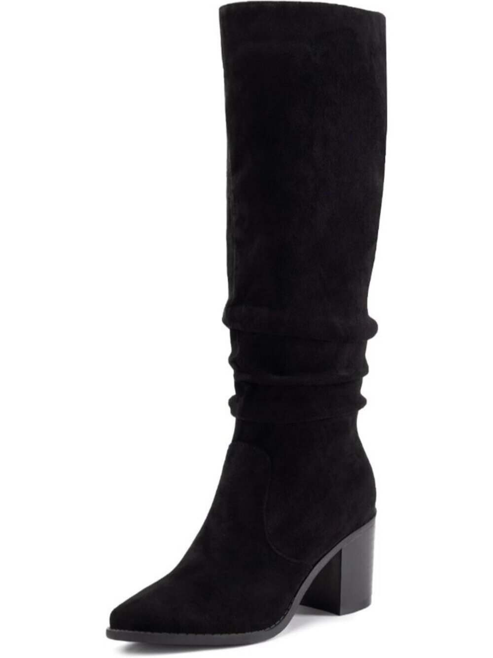 Women's Black Knee High Boots Chunky Heel Faux Suede Square Toe Tall Boots